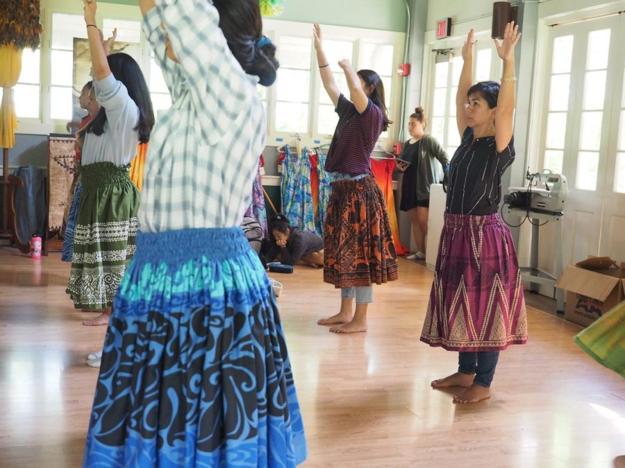 Mid-Pacific Assistant Principal Christel McGuigan, right, attended classes including hula with high schoolers on her "Shadow a Student" day. 