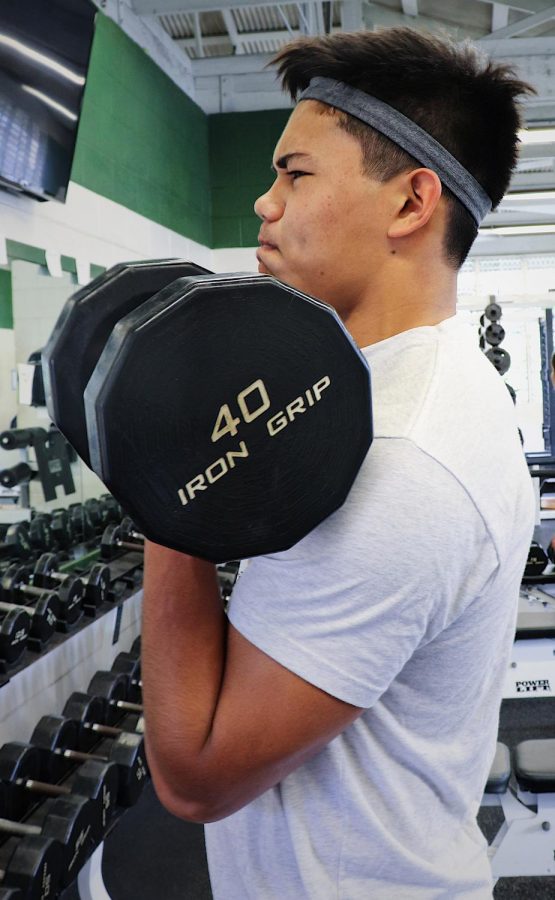 Junior Rocket Uechi practices a bicep curl at the Mid-Pacific weight room.