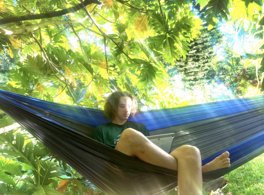 Senior Kupai Marx studies off campus during Mid-Pacific virtual learning. He is an IB Diploma candidate and won't have to take exams this year due to the organization's decision to cancel all examinations worldwide. 