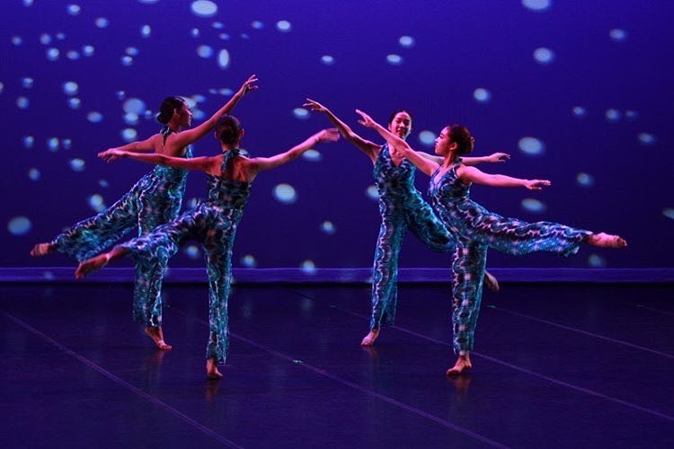 Dance students Quynn Bonilla ('23), Ella Ann Wong ('22), Karlee Tanaka ('22), and Mei Orikasa ('20) perform at the fall concert. The spring concert was originally scheduled for April 16-18 but was cancelled this year.