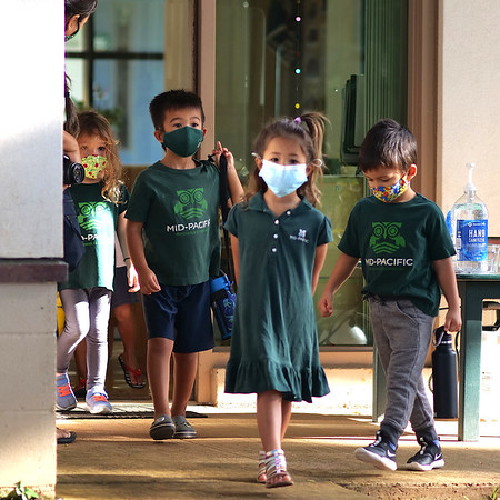 Preschool and kindergarten students walk to class with their masks all six feet apart. The preschool and kindergarten students returned to campus after their extended summer break. Photo by Associate Director of Communications Scot Allen.