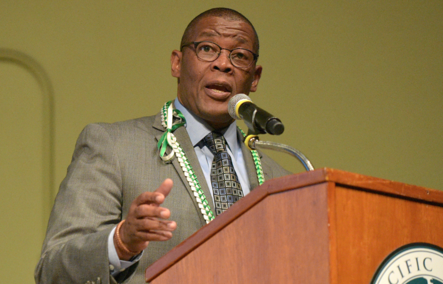 Dwayne "Dee" Priester speaks to 8th-grade graduates at a ceremony in 2019. Priester has taken on a new role this year of principal for grades 6-12. Photo contributed by Scot Allen, Associate Director of Communications for Mid-Pacific.