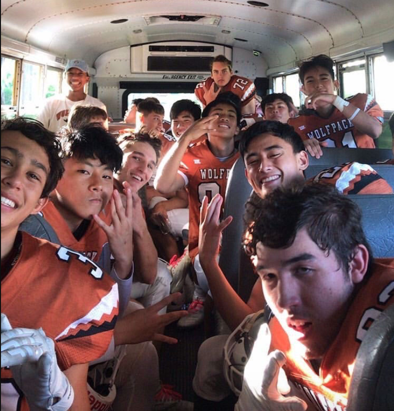 PAC-5 football players congregate during the 2019 season. Senior players created a petition to protest Mid-Pacific's decision that it would not participate this year due to COVID-19.