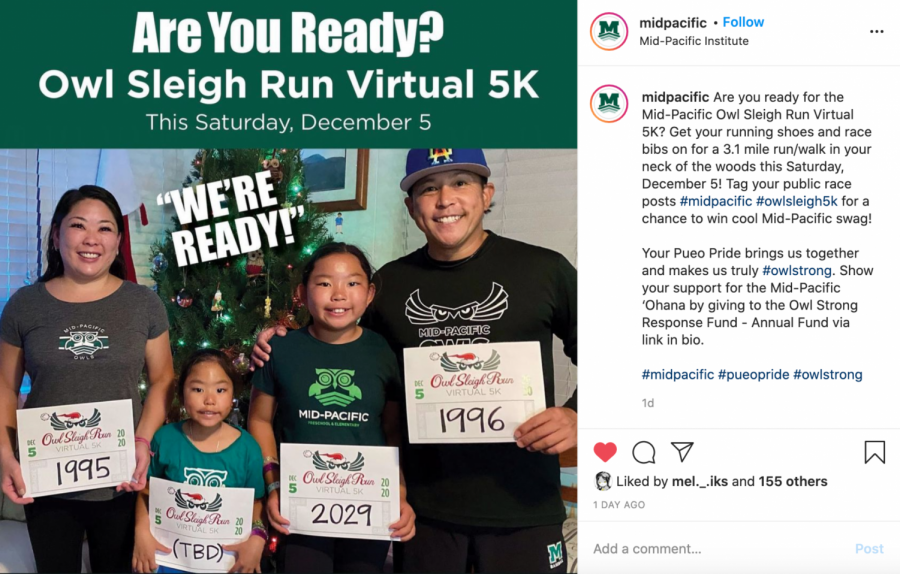 The Jinbo family showing their racing bibs for the class competition. This image was posted on Mid-Pacific's Instagram to support the Owl Sleigh Ride Virtual 5k.