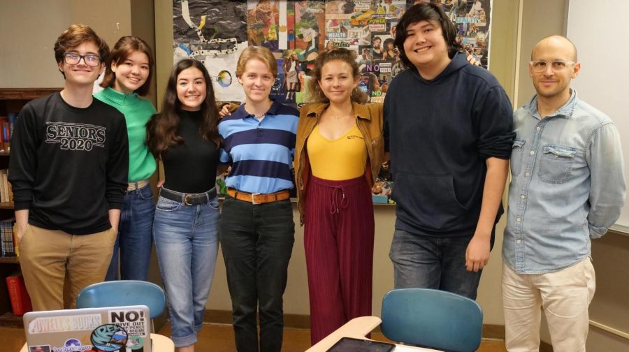 Ka Nalu Ola staff members pose for a picture together, starting on the left: Morgan Groves, Solana Isgar, Brooke Johnson, Fiona Sievert, Isabella Miki, Griffin Au, Ken Baldino. Photo contributed by Scot Allen, Associate Director of Communications for Mid-Pacific.