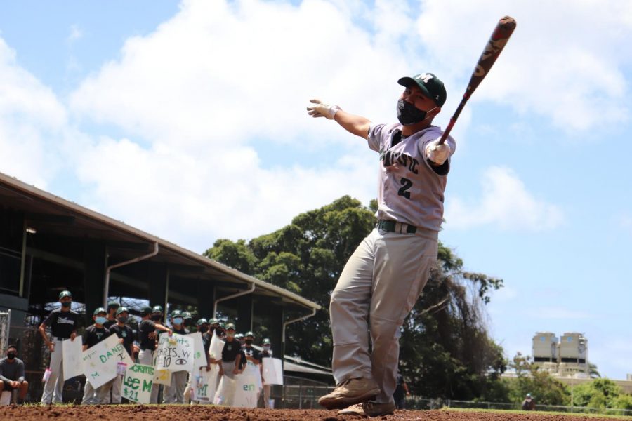 Mid-Pacific senior Bryson Ho enjoys the cheers from his fellow players. Mid-Pacific  finished their baseball game on May 1 with an appreciation speech and cheers from the Junior Varsity players.