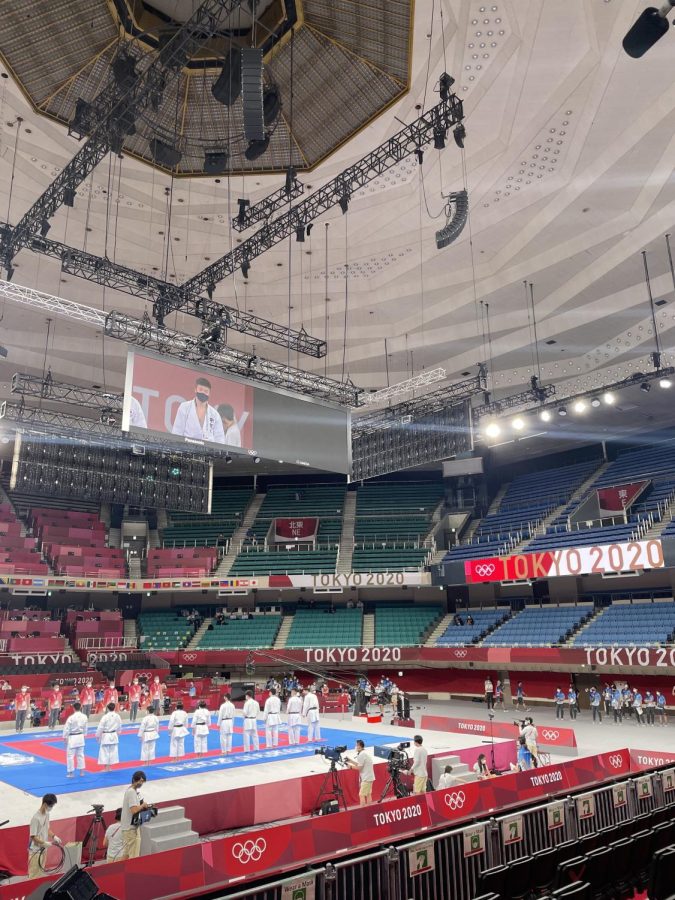 Mid Pacific graduate, Yoshi Sasakawa ‘07 stands in the arena where Olympic Karate events were held. This past summer the Olympics occurred in Tokyo, Japan after being postponed in 2020.