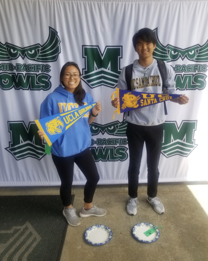 Mid-Pacific seniors pose for pictures during College signing day in 2019.