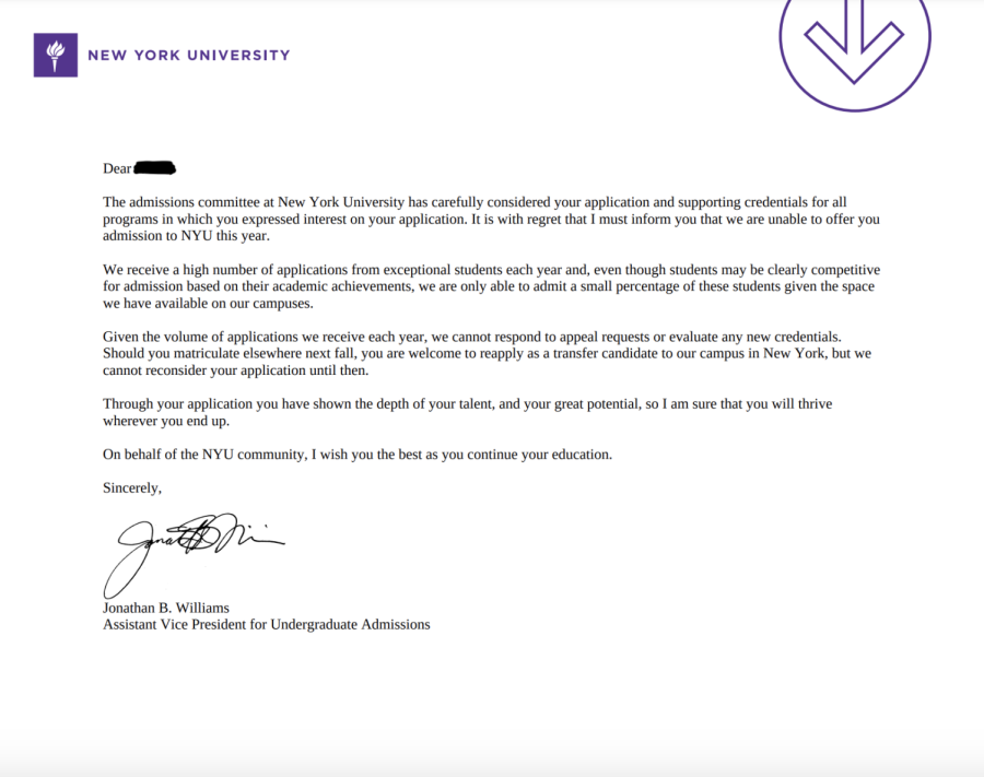 A view of a real rejection letter from a college from this past year's batch of notifications.