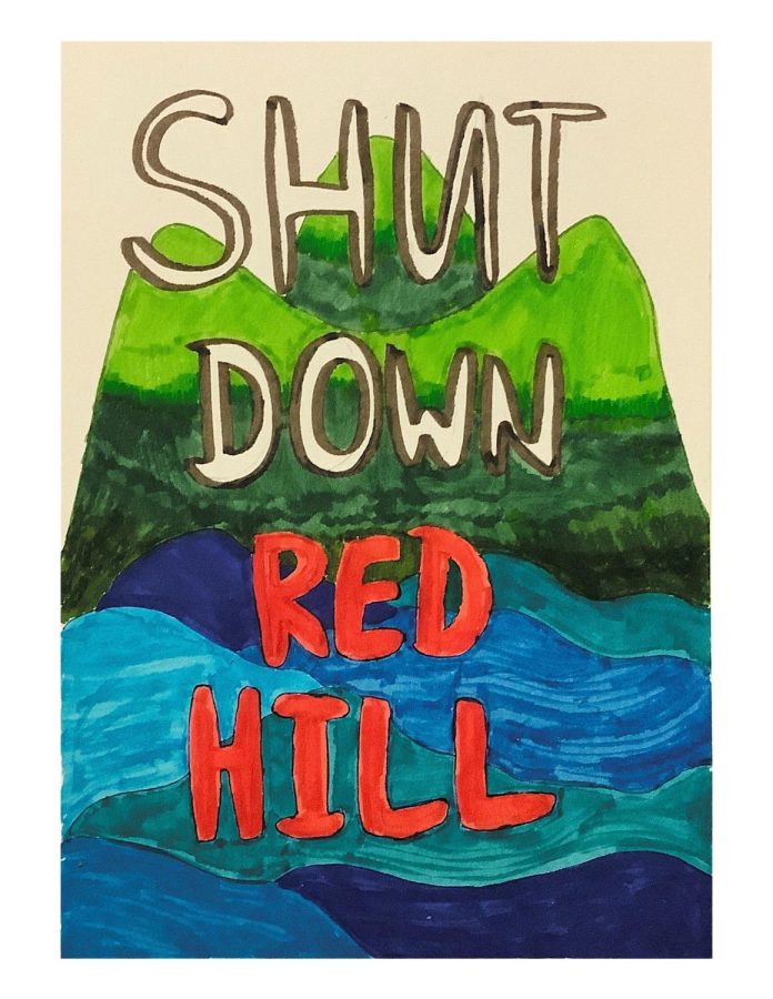 Shut Down Red Hill poster mirroring those waved at protests and put in store fronts.