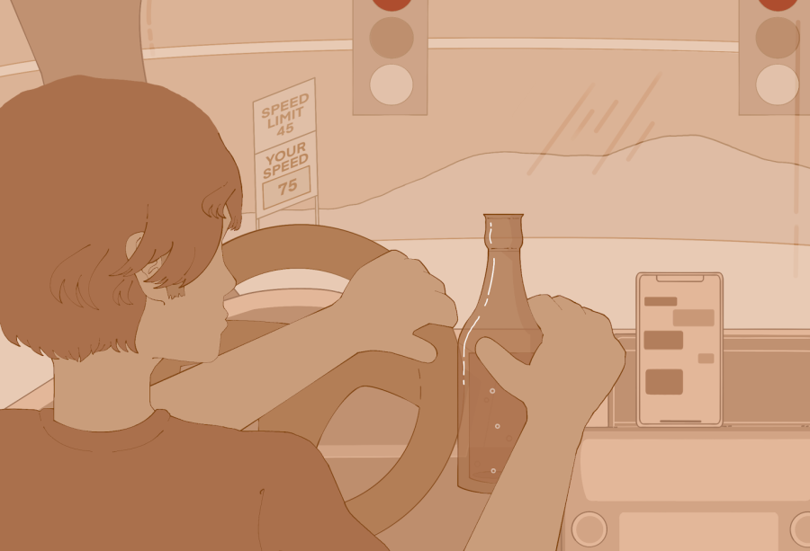 An illustration of a  man driving unsafely with a bottle of beer.