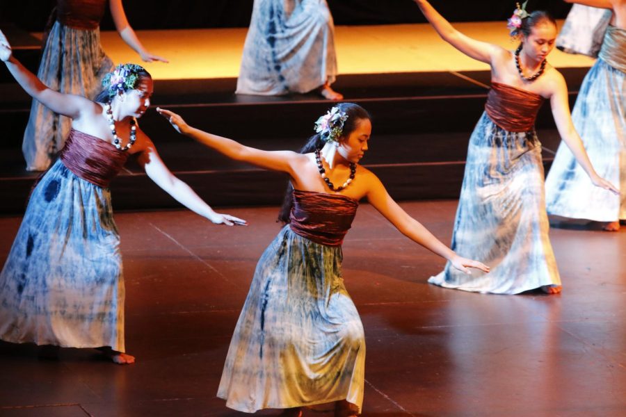 Students of Mid-Pacific dance Hula in the Pūpūkahi Spring Concert 2022 Pi o Ke Ānuenue.
