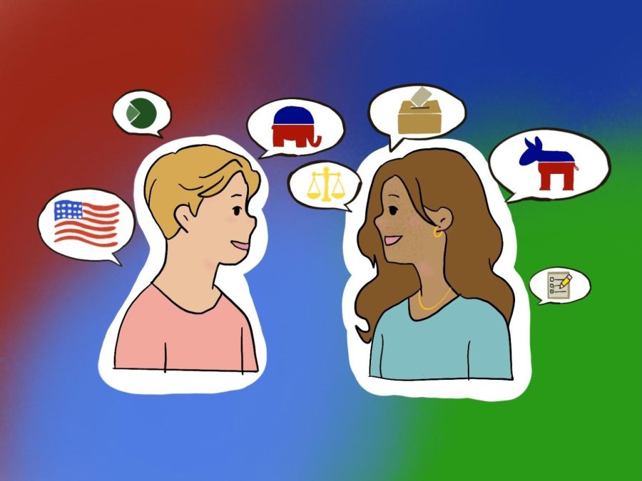 Two students discuss various political topics on top of a gradient background.
