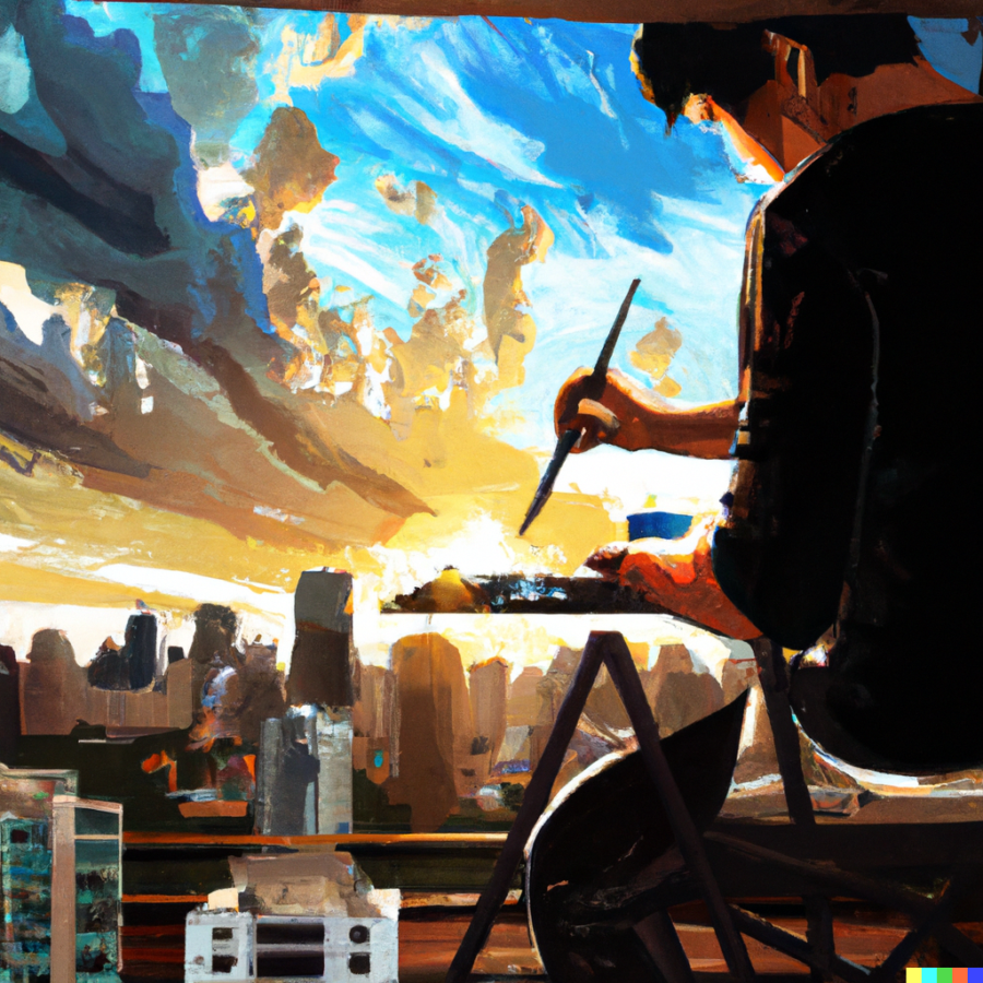 Person painting an AI generated sky, created by DALL-E 2.