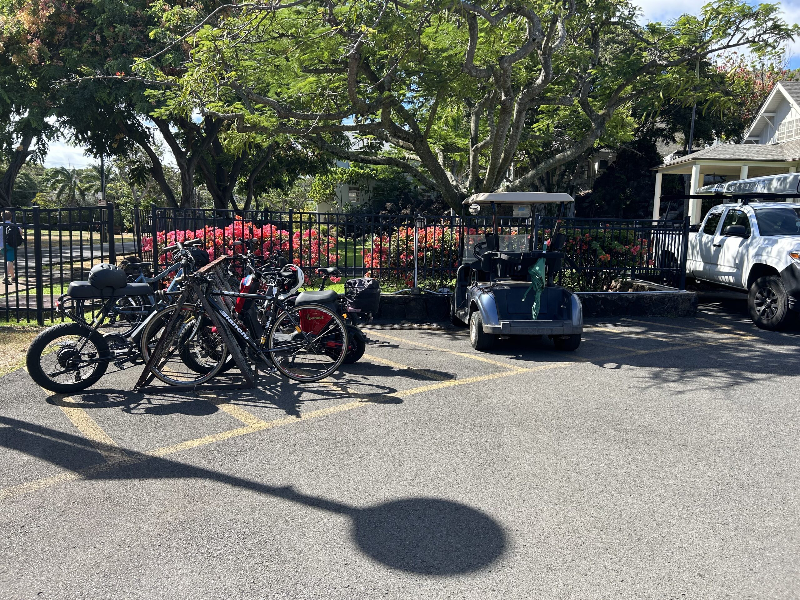 The bike rack at the security guard shack before school gets out.