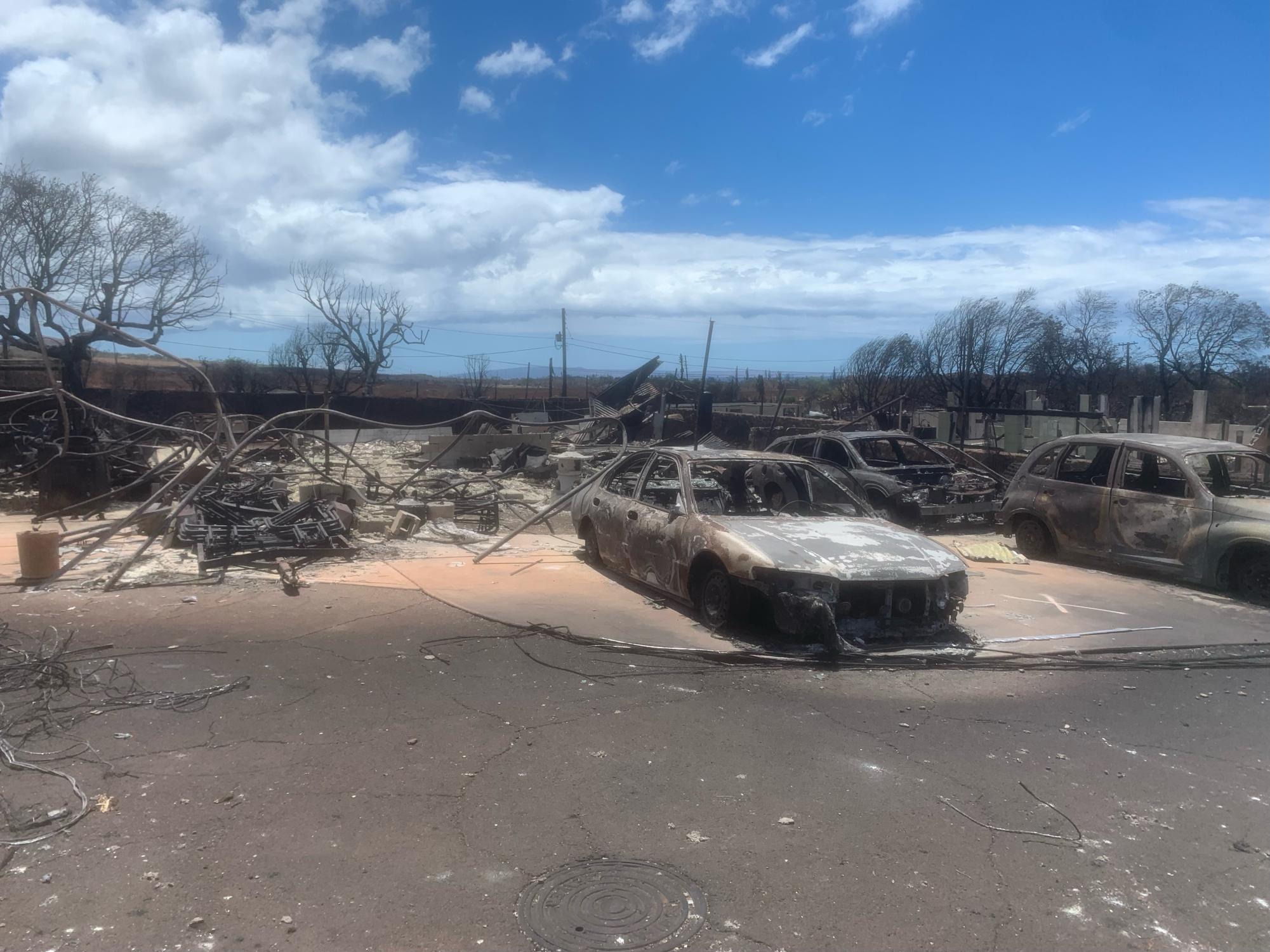 Burned remains of a car ravaged by the fires