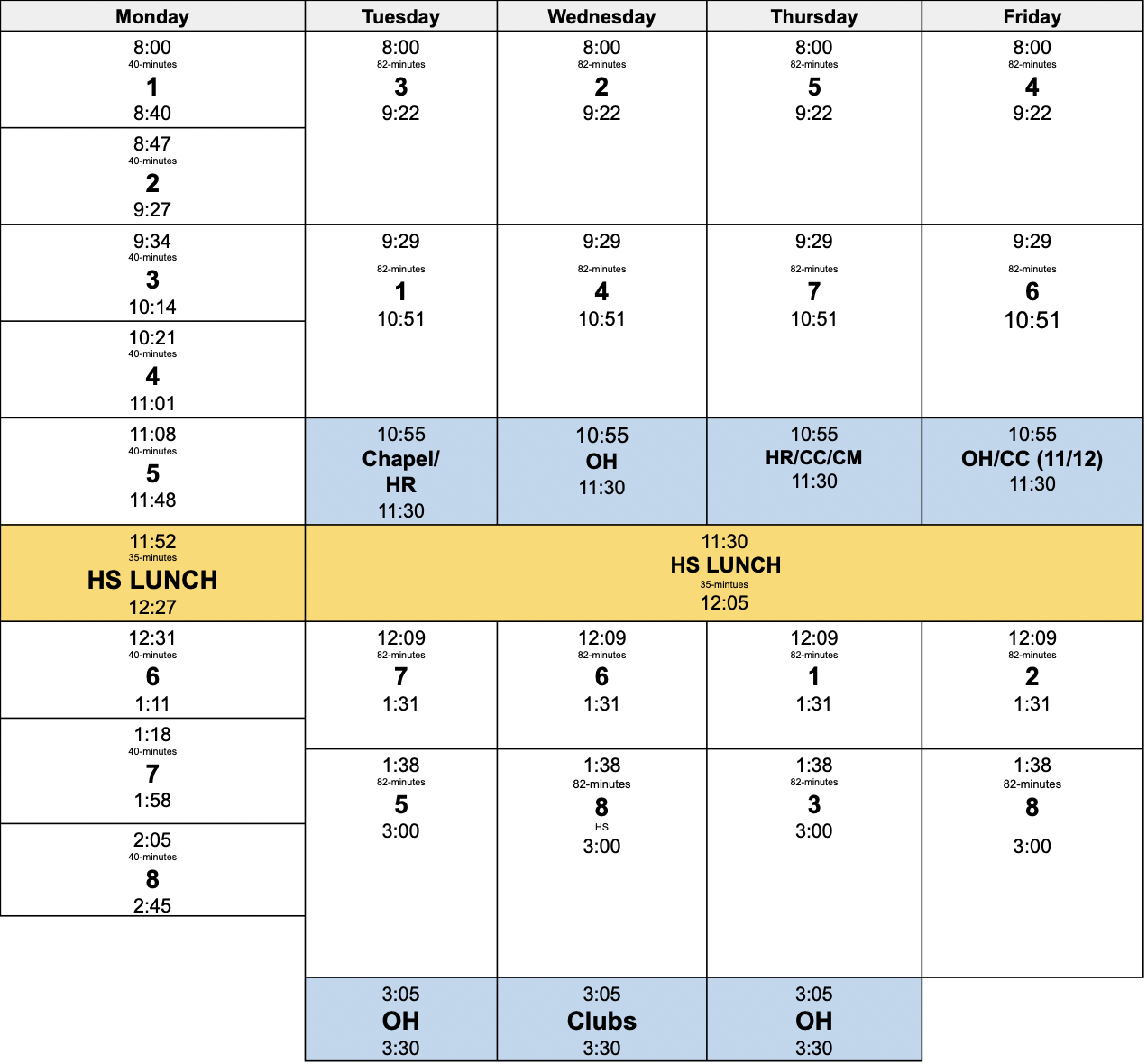 2023-2024 High School Schedule