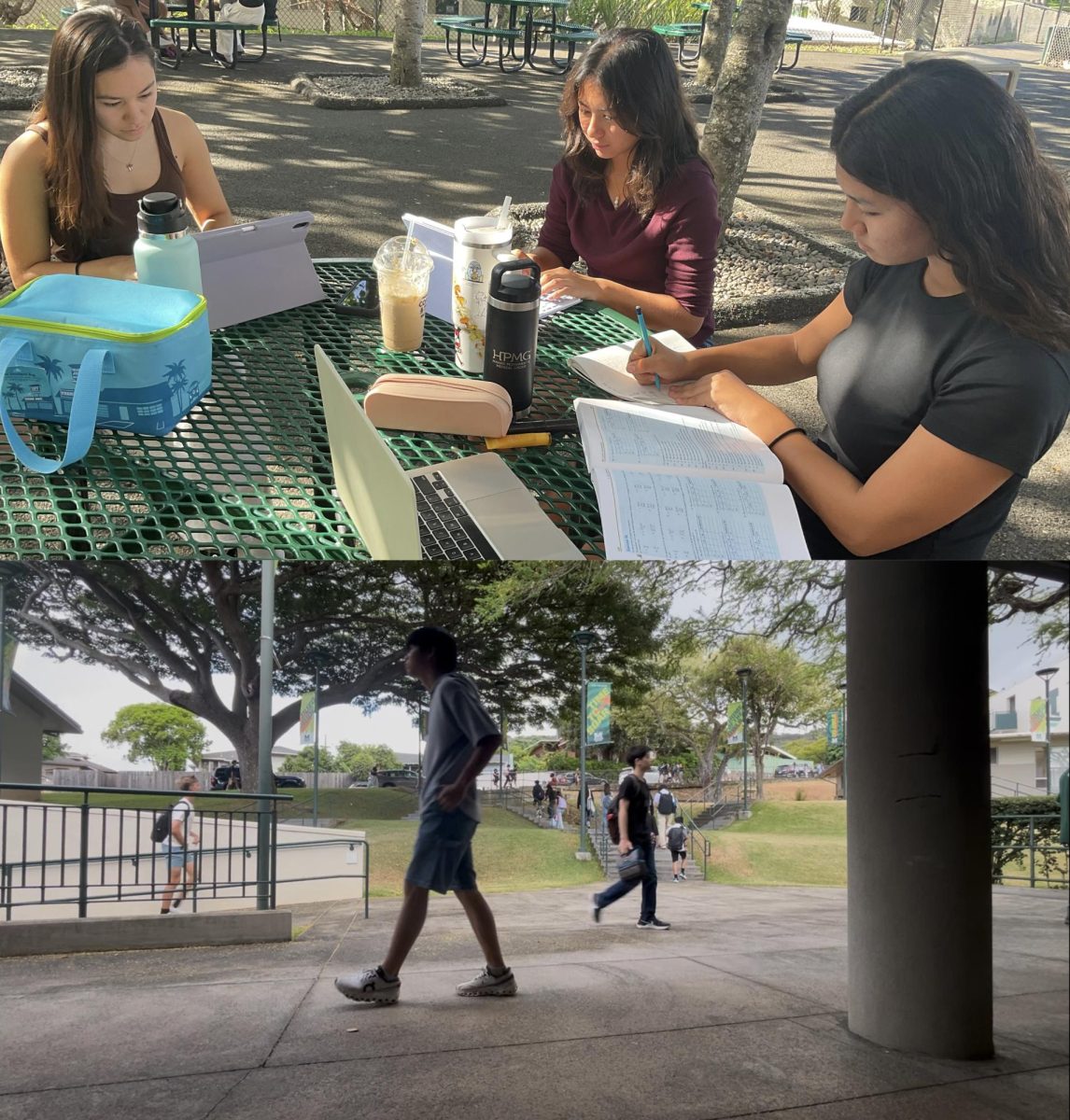 Photo of students studying together and students walking around campus