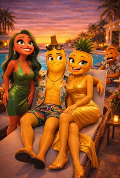 
Bananito (Banana), PinaPina (Pineapple), Strawberrina (Strawberry) in Episode 1 of Fruit Love Island